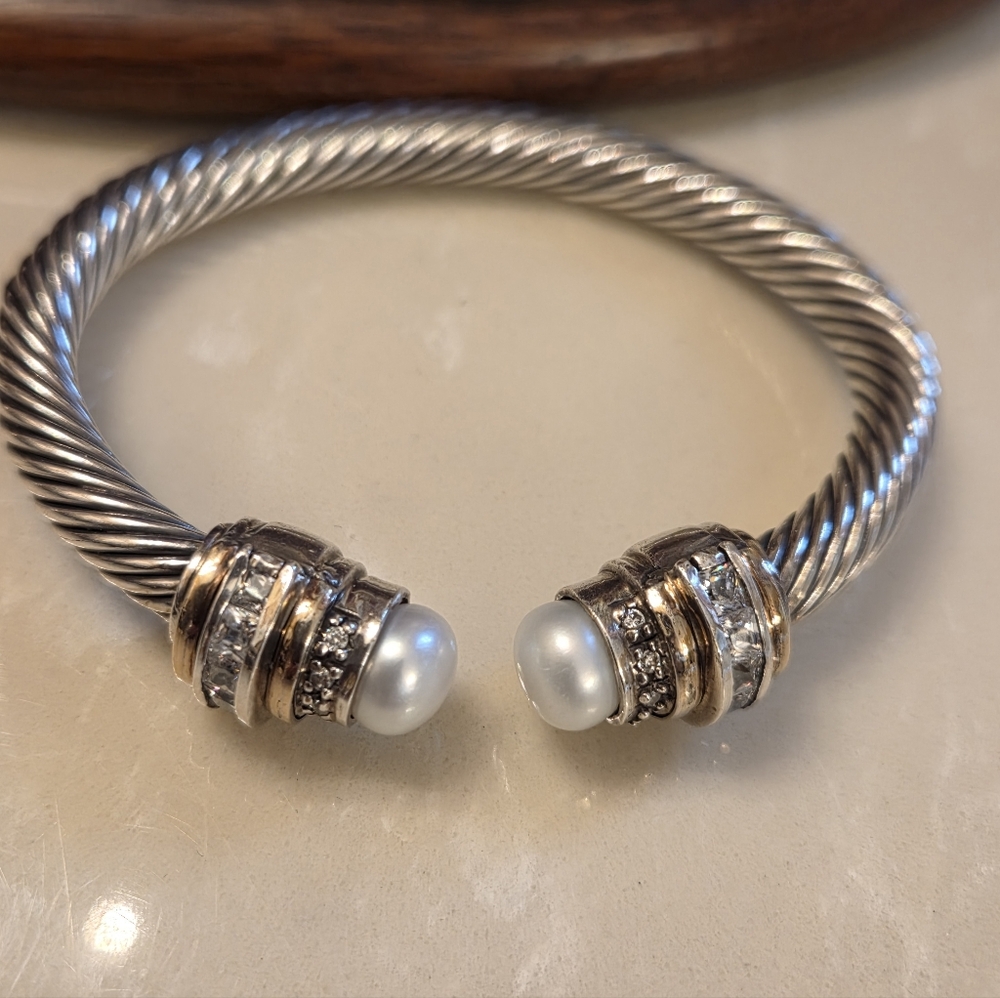 Sterling Silver Renaissance Pearl And CZ Cuff Bracelet